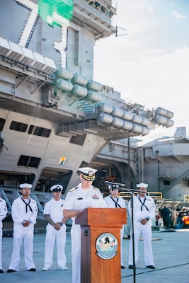 Capt. Nicholas DeLeo, commanding officer of Nimitz-class aircraft carrier USS George Washington (CVN 73) speaks to Gaum media pierside after arriving at Naval Station Guam, June 16, 2025. George Washington is the U.S. Navy’s premiere forward-deployed aircraft carrier, a long-standing symbol of the United States’ commitment to maintaining a free and open Indo-Pacific, while operating alongside allies and partners across the U.S. Navy’s largest numbered fleet. (U.S. Navy photo by Mass Communication Specialist 3rd Class Roselia Garcia)
