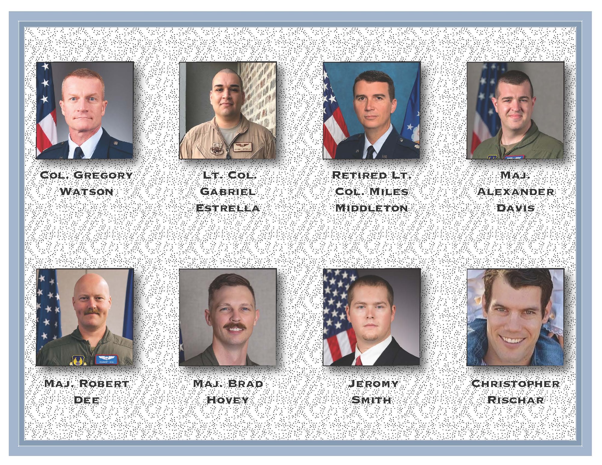Following a 24-hour waiting period after all next-of-kin notifications were completed, in accordance with Department of War policy, Edwards Air Force Base released the names of the eight people killed when a B-52 Stratofortress crashed shortly after takeoff during a routine test mission Monday. The fallen Team Edwards members are Col. Gregory Watson, Lt. Col. Gabriel Estrella, retired Lt. Col. Miles Middleton, Maj. Alexander Davis, Maj. Robert Dee, Maj. Brad Hovey, Jeromy Smith and Christopher Rischar. (U.S. Air Force graphic)