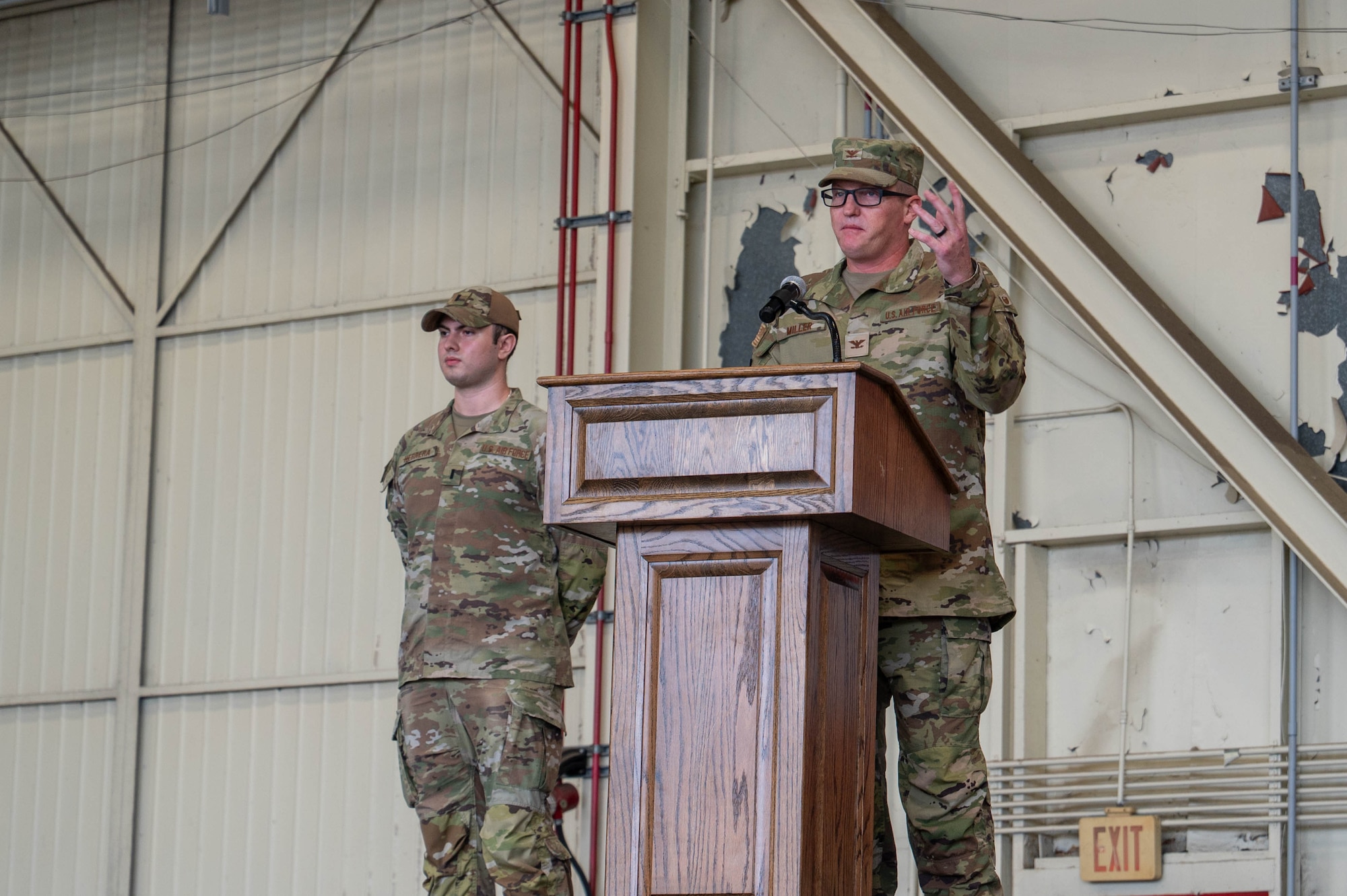 U.S. Air Force Col. Joshua Miller, 8th Medical Group incoming commander, speaks during the 8th MDG change of command ceremony at Kunsan Air Base, Republic of Korea, June 24, 2026. An assumption of command ceremony represents a formal transfer of authority and responsibility to the new group commander. (U.S. Air Force photo by Staff Sgt. Cedrique Oldaker)
