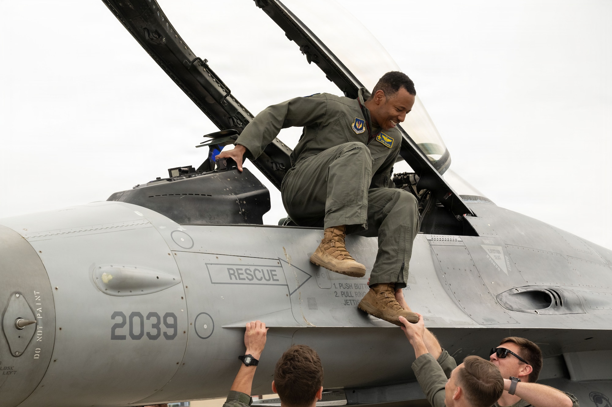 U.S. Air Force Maj. Andre Golson, 31st Operations Support Squadron weapons and tactics chief, steps from a U.S. Air Force F-16 Fighting Falcon following his final flight at Aviano Air Base, Italy, June 3, 2026.