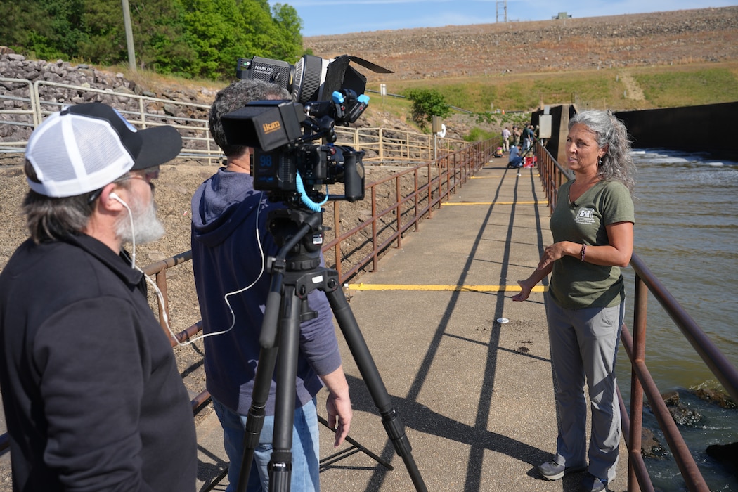 Ashley Hatchell, Hydraulic Engineer with the Wilmington District, is interviewed by PBS at Jordan Lake about her role in helping improve fish Passage along the Cape Fear River.