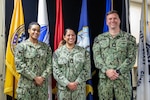 FORT EUSTIS, VA – Senior Chief Yeoman Renika Willis, left, Chief Mass Communication Specialist Eva-Marie Ramsaran, middle, and Chief Mass Communication Specialist Brannon Deugan, right, pose for being recognized to senior chief selection, Fort Eustis, Va, Jun. 16, 2026. All three members are a part of Joint Task Force – Civil Support, the nation’s only standing Title-10 nuclear response force. (U.S. Navy Photo by Mass Communication Specialist 2nd Class Kenny Gomez)