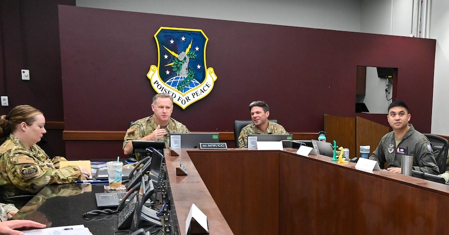 U.S. Air Force Col. Jimmy Schlabach, 91st Missile Wing (91 MW) commander, commands Simulated Electronic Launch Minuteman (SELM) execution team members during ongoing SELM testing at Minot Air Force Base, North Dakota, June 3, 2026.