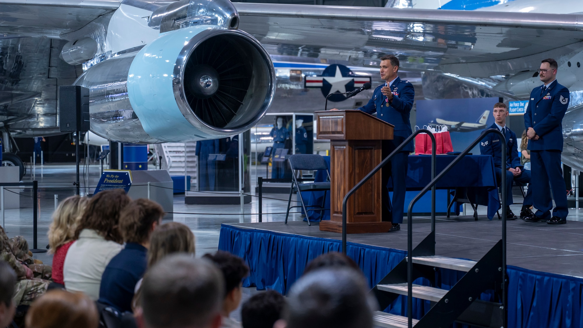 Lt. Col. Nicholas Torroll gives his final remarks to the squadron during a change of command ceremony.