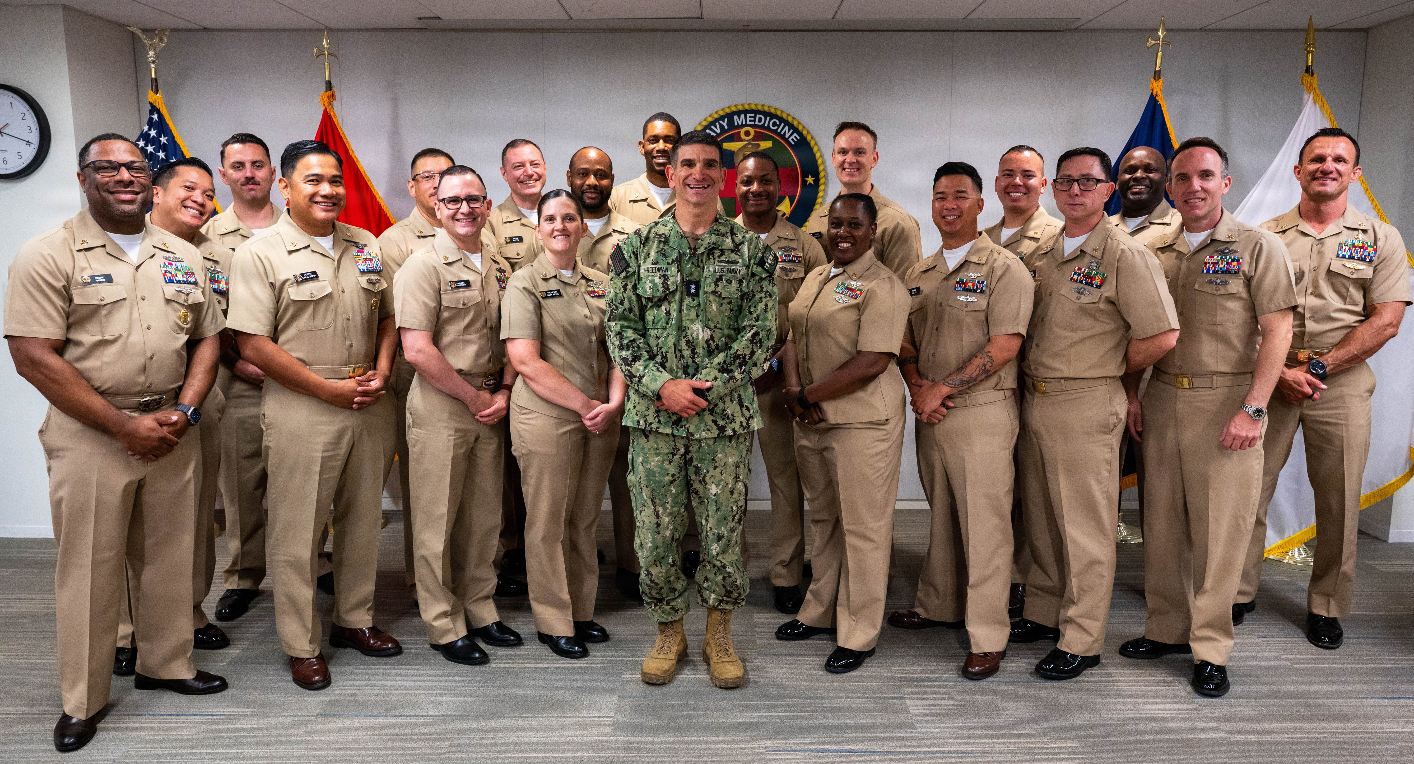260617-N-IX644-2142 (June 17, 2026) FALLS CHURCH, Va. U.S. Navy Rear Adm. Rick Freedman, acting Surgeon General of the Navy and deputy chief, U.S. Navy Bureau of Medicine and Surgery (BUMED), center, poses for a group photo with Navy Medicine chief petty officers after a ceremony honoring the U.S. Navy Hospital Corps’ 128th birthday at the Defense Health Headquarters, June 17, 2026. Established on June 17, 1898, the Navy Hospital Corps is the most decorated enlisted corps in the U.S. Navy, serving as the frontline medical force for both Navy and Marine Corps personnel around the globe. (U.S. Navy photo by Mass Communication Specialist 2nd Class Sasha Ambrose)