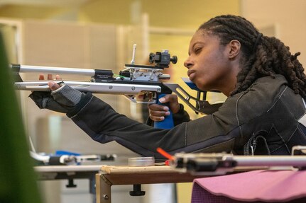 U.S. Army 1st Lt. Jani Merritt aims downrange during a precision air training session at the 2026 Warrior Games Training Camp in San Antonio.