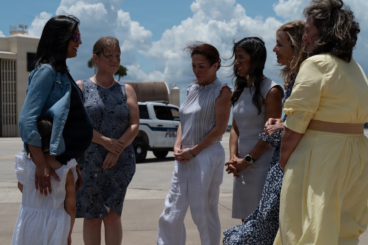 Second Lady of the United States Usha Vance greets 6th Air Refueling Wing leadership spouses upon arrival at MacDill Air Force Base, Florida, June 16, 2026. Vance attended a Blue Star Books event to read a children’s book to children of military members. During the event, approximately 125 children received Disney books and met Mickey Mouse along with other surprises. (U.S. Air Force photo by Airman 1st Class Autumn Lindor)