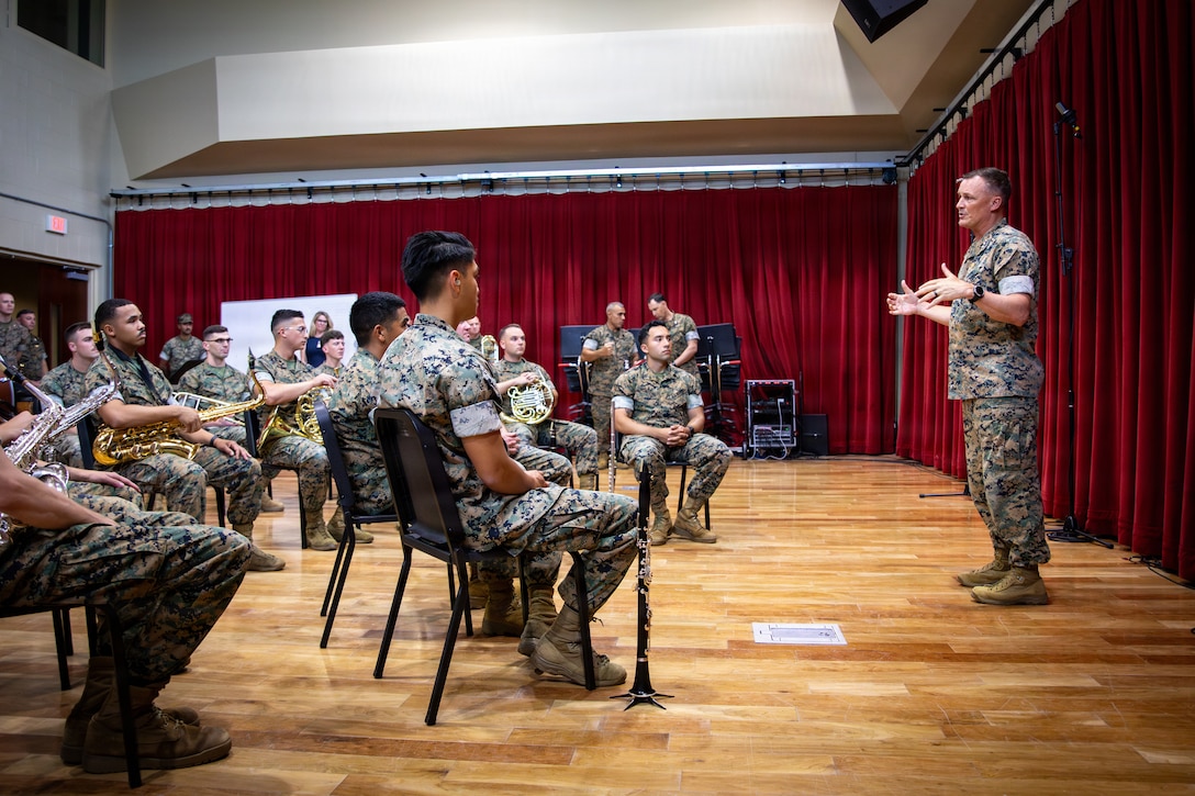 U.S. Marine Corps Sgt. Weston W. McCall, a french horn instrumentalist with Marine Forces Reserve Band, performs during an award ceremony held for the Marine Forces Reserve Band at Marine Forces Support Facility New Orleans, June 4, 2026. Each year only a select few military bands are presented with the Colonel George S. Howard Citation of Musical Excellence award, the highest honor a military concert band can receive. (U.S. Marine Corps photo by Lance Cpl. Nalanie Davila)