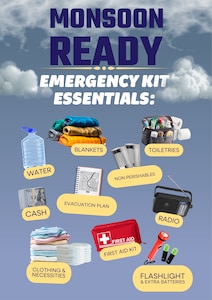 U.S. Air Force graphic depicting Monsoon Safety kit essentials. Davis-Monthan Air Force base is reminding Airmen and families to stay prepared as Arizona's monsoon season brings the potential for thunderstorms, strong winds, dust storms, and flash flooding. (U.S. Air Force graphic by Airman 1st Class Rachael Wright