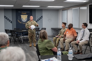 U.S. Air Force Lt. Col. Jon Smithley, 42d Air Base Wing chaplain addresses attendees at a military perspective panel during the Clergy Day event at Maxwell Air Force Base, Alabama, June 12, 2026.