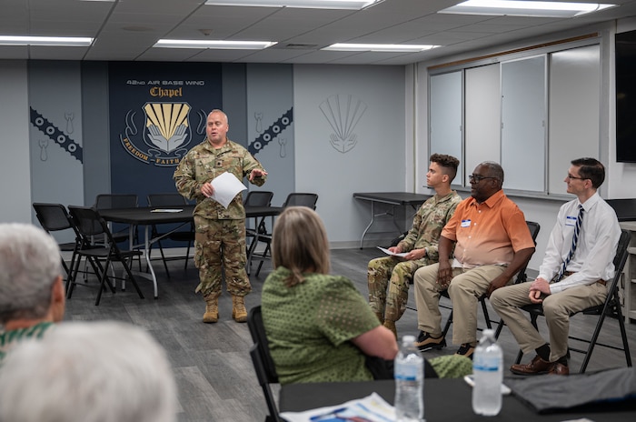 U.S. Air Force Lt. Col. Jon Smithley, 42d Air Base Wing chaplain addresses attendees at a military perspective panel during the Clergy Day event at Maxwell Air Force Base, Alabama, June 12, 2026.