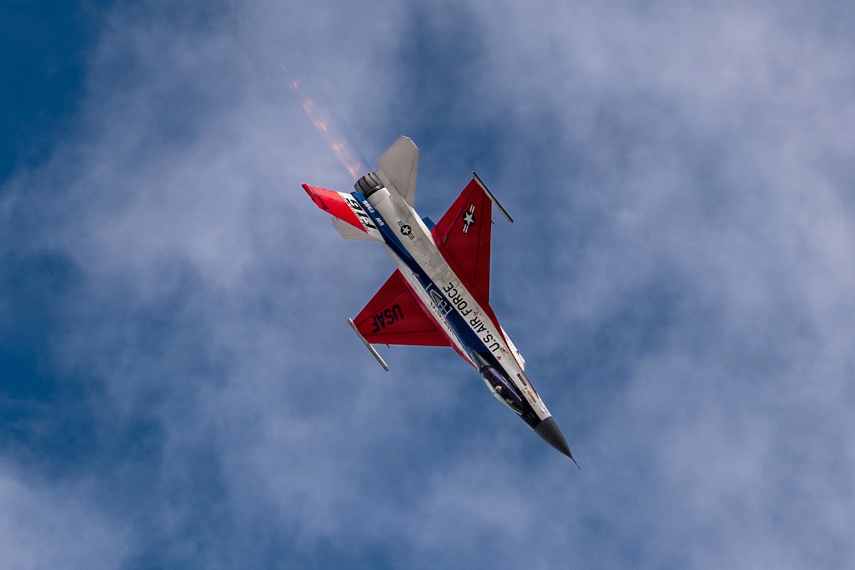 Maj. Taylor Hiester, F-16 Viper Demonstration Team commander and pilot, performs high-speed precision maneuvers during SkyFest 2026 at Fairchild Air Force Base, Wash., June 7, 2026. The event served as a platform to celebrate Fairchild AFB's military heritage, honoring the unique civilian-military bond with the Inland Northwest community that has supported the nation's defense for generations. (U.S. Air Force photo by Senior Airman Stephanie Orta Carranza)