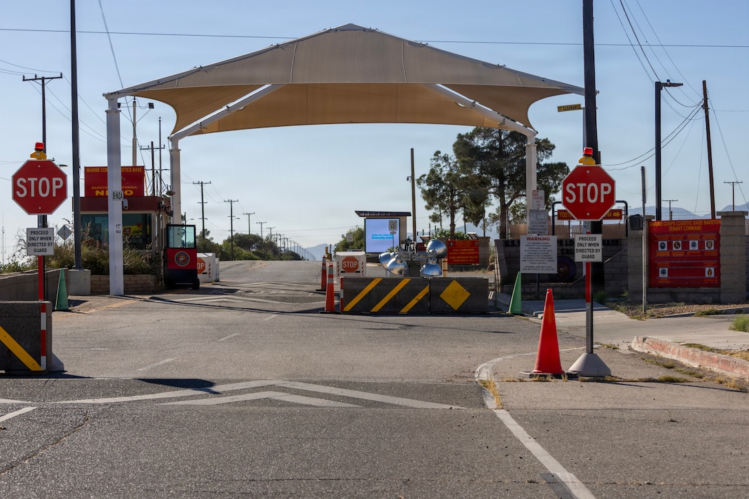 Nebo Annex front entry gate showcases new double stop signs with added lights and signage to provide additional traffic control measures aboard Marine Corps Logistics Base Barstow, California, June 18.