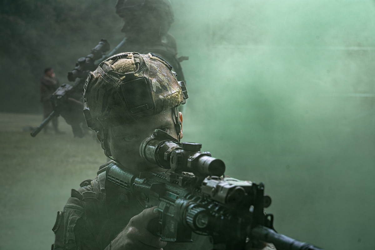 Airmen assigned to the 110th Security Forces Squadron, 110th Wing, conduct close quarters battle training at Fort Custer Training Center, Mich., June 5, 2026. The training focused on room-clearing procedures, team movement techniques and threat response tactics to enhance mission readiness and strengthen the unit’s ability to respond to real-world security incidents. (Michigan Air National Guard photo by Staff Sgt. Ryan Bishop).