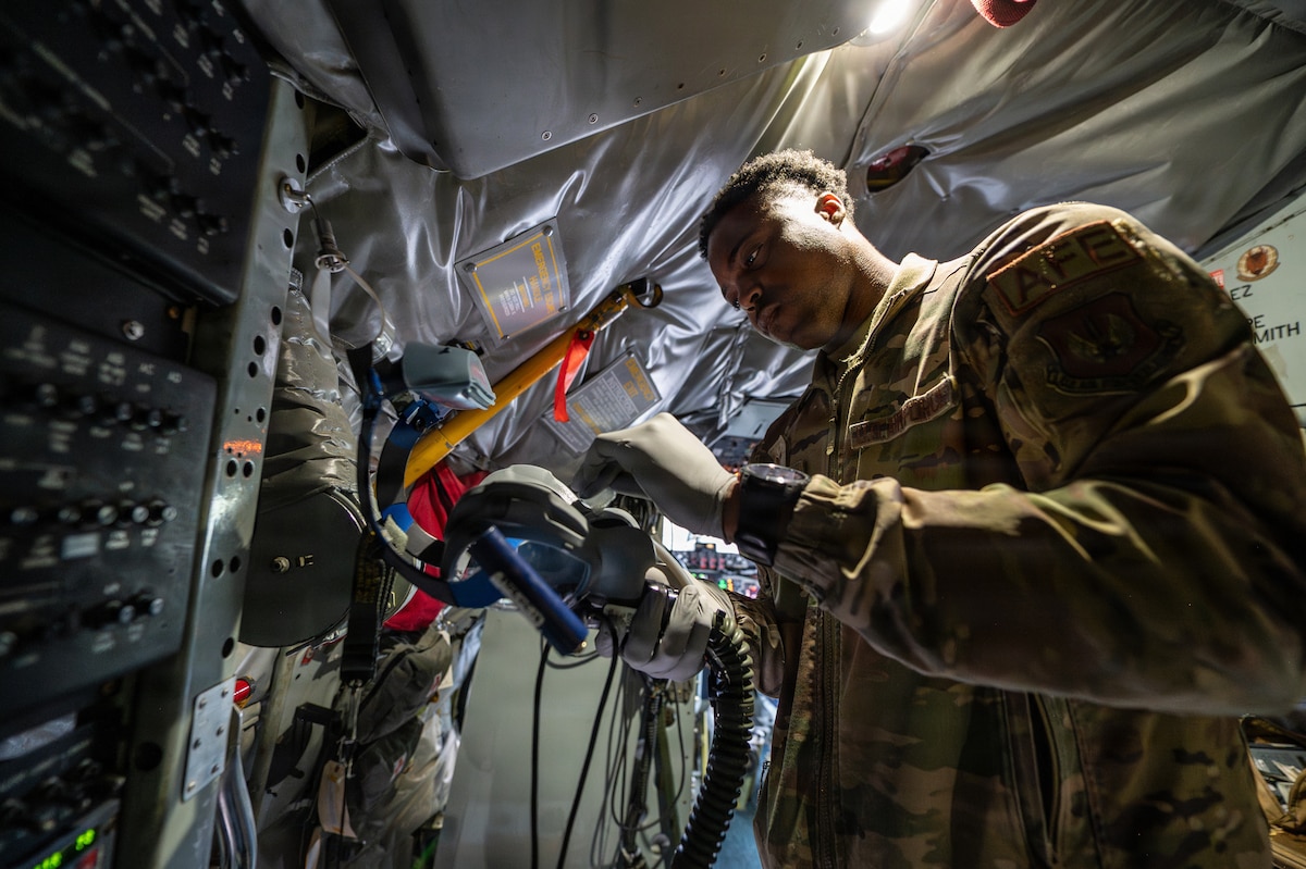 U.S. Air Force Senior Airman Jordan Pugh, 100th Operations Support Squadron aircrew flight equipment technician, cleans an oxygen mask before a refueling mission as part of Ramstein Flag 26 at Ørland Air Base, Norway, June 10, 2026. Airmen from across the 100th Air Refueling Wing supported the NATO Allied Air Command exercise focused on strengthening interoperability and readiness through integrated air operations training. (U.S. Air Force photo by Senior Airman Aidan Martínez Rosiere)