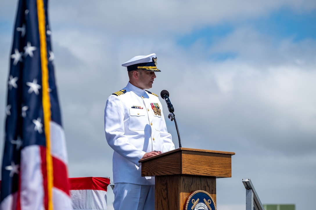 Capt. Joseph Graham addresses guests during Base Alameda change of command ceremony.