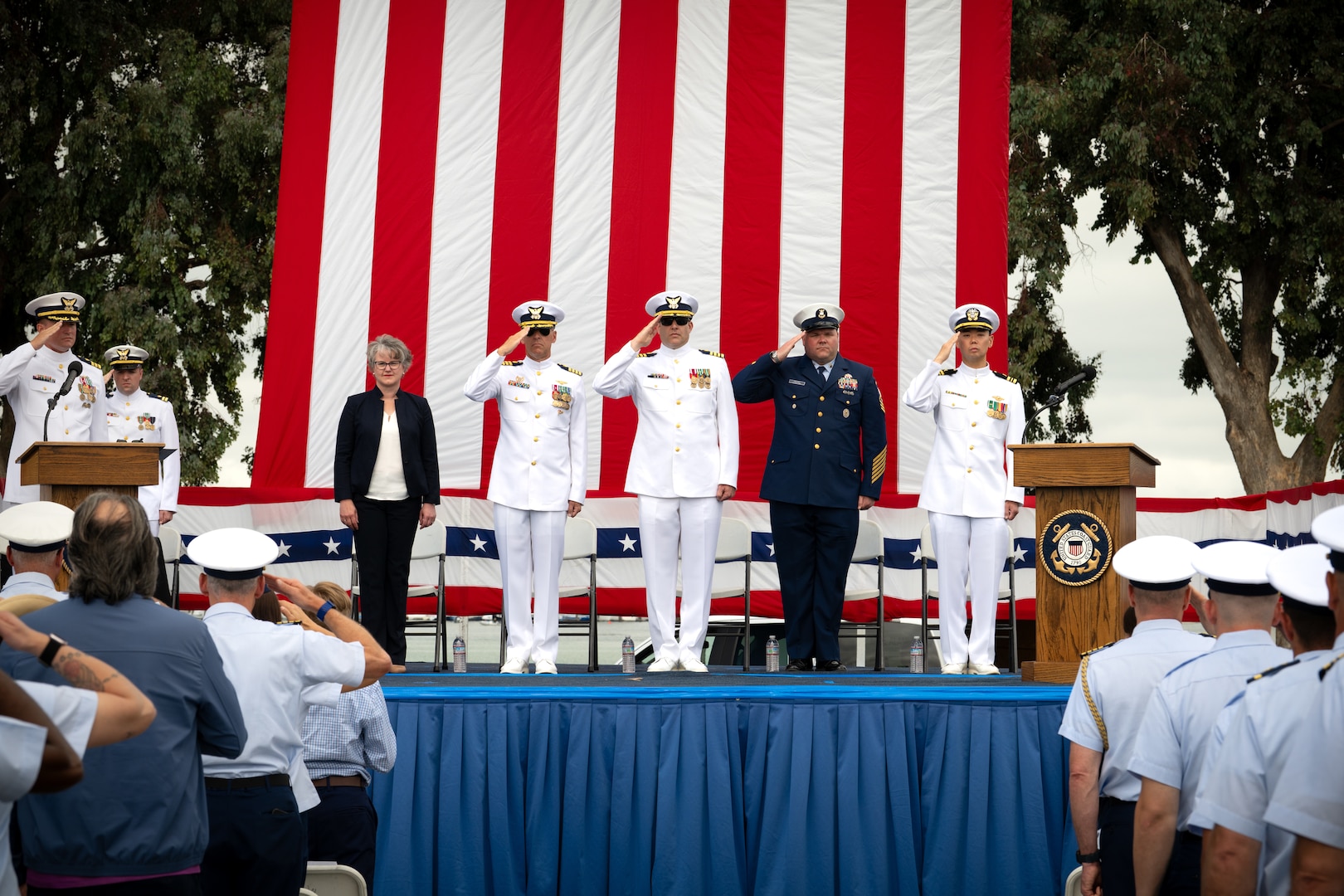Base Alameda personnel salute during change of command ceremony.