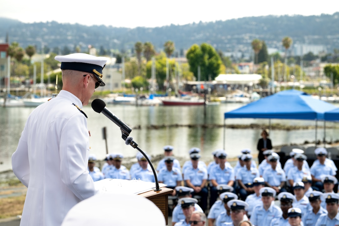 Capt. Corey Braddock addresses change of command ceremony guests.