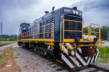 A photo of a locomotive sitting idle.