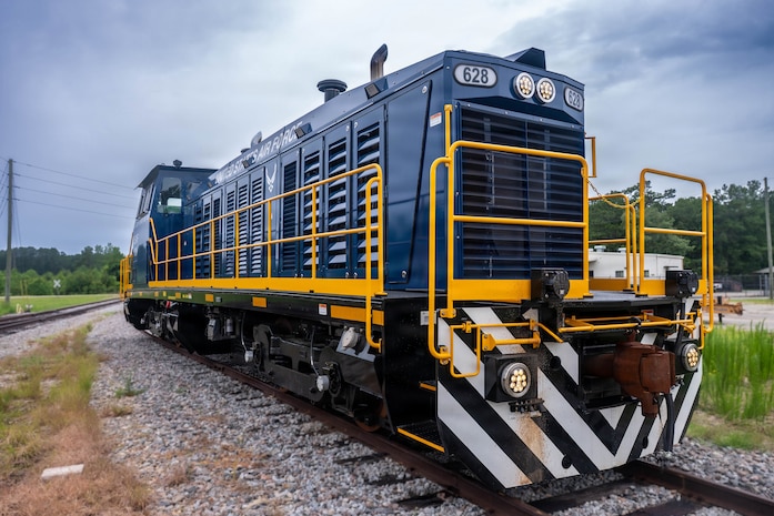 A photo of a locomotive sitting idle.