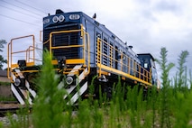 A photo of a locomotive sitting idle.