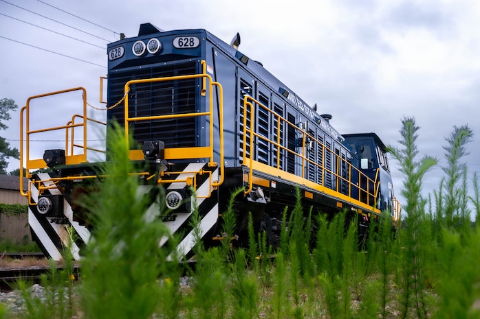 A photo of a locomotive sitting idle.