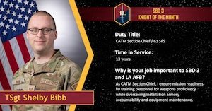 TSgt Shelby Bibb, 61st Security Forces Squadron Combat Arms Training and Maintenance section chief, is recognized as the May 2026 Knight of the Month at Los Angeles Air Force Base, California, May 20, 2026. Serving as the CATM Section Chief, Bibb is essential to the safety and tactical readiness of Los Angeles Air Force Base. Bibb also oversees the installation’s armories and weapons maintenance, maintaining absolute accountability and keeping equipment flawlessly mission-ready for SBD 3.