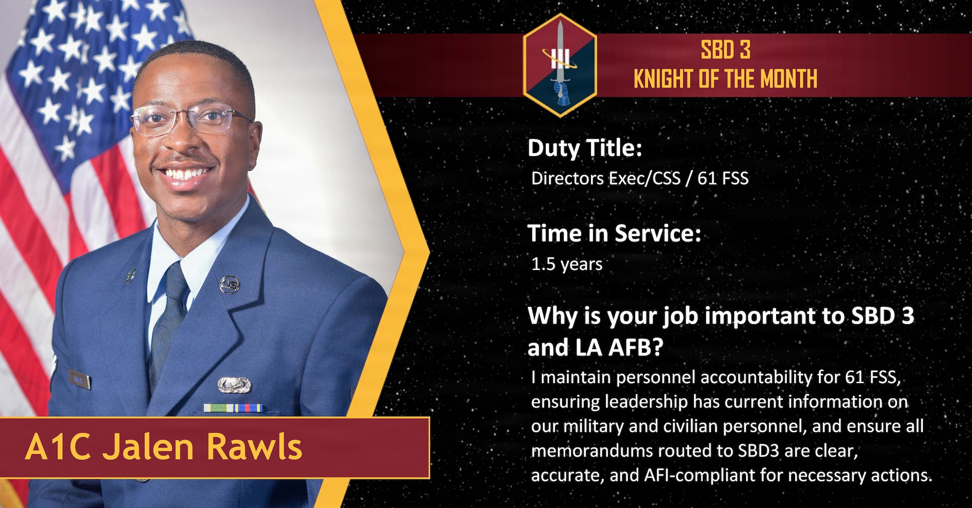 Serving as the 61st Force Support Squadron directors’ exec and command support staff, Rawls maintains personnel accountability for the squadron while quality-checking all administrative memorandums routed to leadership to ensure policy compliance and mission readiness. His meticulous work is integral in keeping our force accounted for and our squadron communications incredibly sharp.