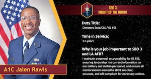 A1C Jalen Rawls, 61st Force Support Squadron command support staff technician, is recognized as the June 2026 Knight of the Month at Los Angeles Air Force Base, California, June 4, 2026. Rawls maintains personnel accountability for the squadron while quality-checking all administrative memorandums routed to leadership to ensure policy compliance and mission readiness.