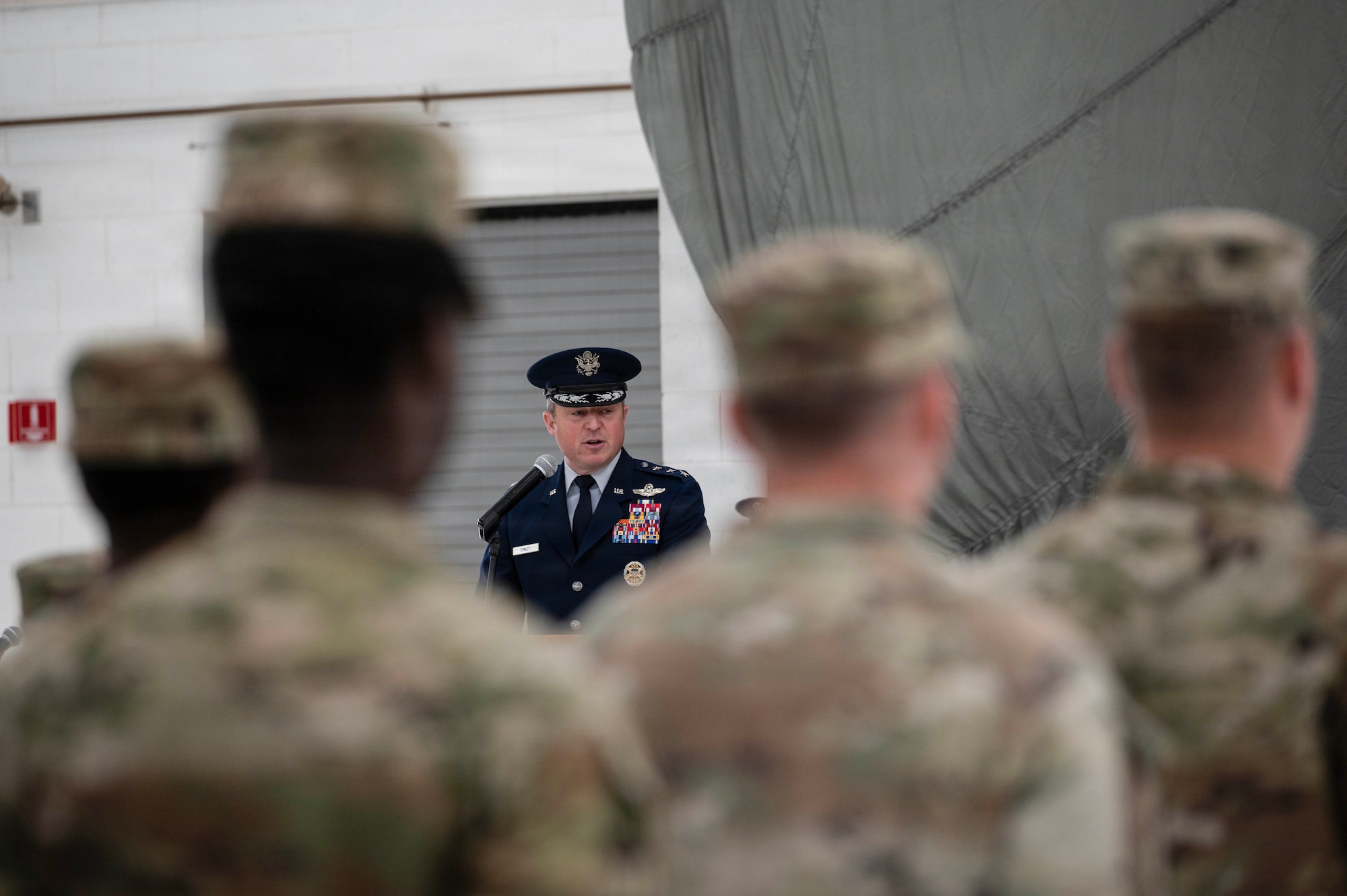 U.S. Air Force Lt. Gen. Mike Conley, commander of Air Force Special Operations Command, gives remarks during a change of command ceremony at Cannon Air Force Base, New Mexico, June 18, 2026. Conley facilitated the transfer of command from Col. Robert Johnston, 27th SOW outgoing commander, to Col. Brett Cassidy, 27th SOW incoming commander. (U.S. Air Force photo by Staff Sgt. Abbigayle Williams)