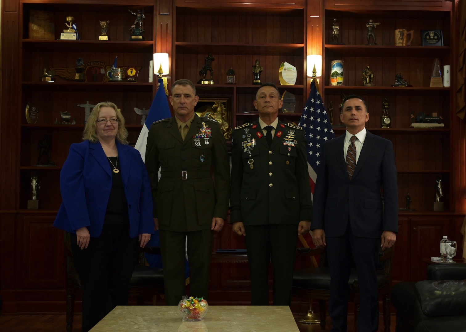 U.S. Marine Corps Gen. Francis L. Donovan, center left, poses for a photo with Honduran Defense Minister Enrique Rodríguez Burchard, far right, Chief of Defense Brig. Gen. Héctor Benjamín Valerio Ardón, center right, and U.S. Ambassador Laura F. Dogu, far left.