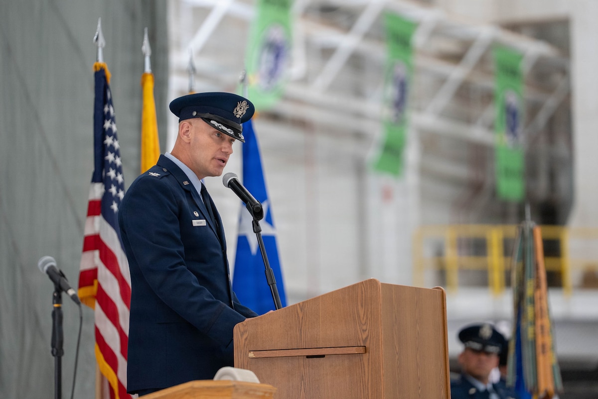 U.S. Air Force Col. Brett Cassidy, commander of the 27th Special Operations Wing, gives remarks during a change of command ceremony at Cannon Air Force Base, New Mexico, June 18, 2026. Before assuming command of the 27th SOW, Cassidy served as commander of the 11th Air Task Force at Davis-Monthan Air Force Base, Arizona, where he helped validate the Air Force's new deployment model and demonstrated Agile Combat Employment in austere operating environments. (U.S. Air Force photo by Airman 1st Class Reagan Stout)
