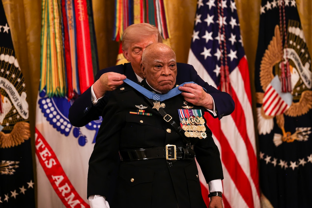 Retired U.S. Marine Corps Maj. James Capers receives the Medal of Honor from the 47th President of the United States, Donald J. Trump, during an award ceremony at the White House, Washington, D.C., June 18, 2026. Maj. Capers received the nation’s highest military decoration, after being upgraded from a Silver Star for extraordinary heroism and conspicuous gallantry during the Vietnam War in 1967. (U.S. Marine Corps photo by Lance Cpl. Matthew Morales)