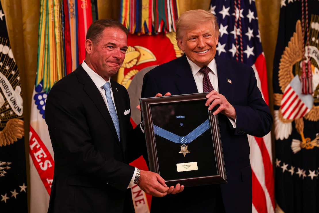 Mr. Thomas Ripley receives the Medal of Honor from the 47th President of the United States, Donald J. Trump on behalf of his father, U.S. Marine Corps Col. John Ripley, at the White House, Washington, D.C., June 18, 2026. Col. Ripley was awarded the nation’s highest military decoration, posthumously, after being upgraded from a Navy Cross for extraordinary heroism and conspicuous gallantry during the Vietnam War in 1972. (U.S. Marine Corps photo by Lance Cpl. Matthew Morales)