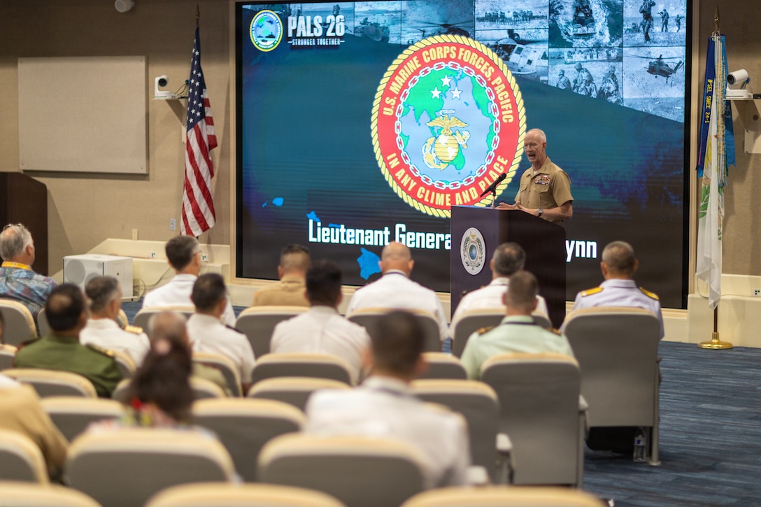U.S. Marine Corps Lt. Gen. James F. Glynn, the commander of U.S. Marine Corps Forces, Pacific, delivers final remarks during the closing ceremony of the Pacific Amphibious Leaders Symposium 2026 in Honolulu, Hawaii, June 18, 2026. Bringing together experts and leaders from across the Indo-Pacific, PALS fosters collaboration among allied and partner amphibious and maritime forces to share knowledge and recent operational insights. This year was the 12th iteration of the symposium and hosted senior leaders from 25 participating nations who are committed to a free and open Indo-Pacific, with the objective of strengthening and developing regional relationships. (U.S. Marine Corps photo by Lance Cpl. Blake Gonter)