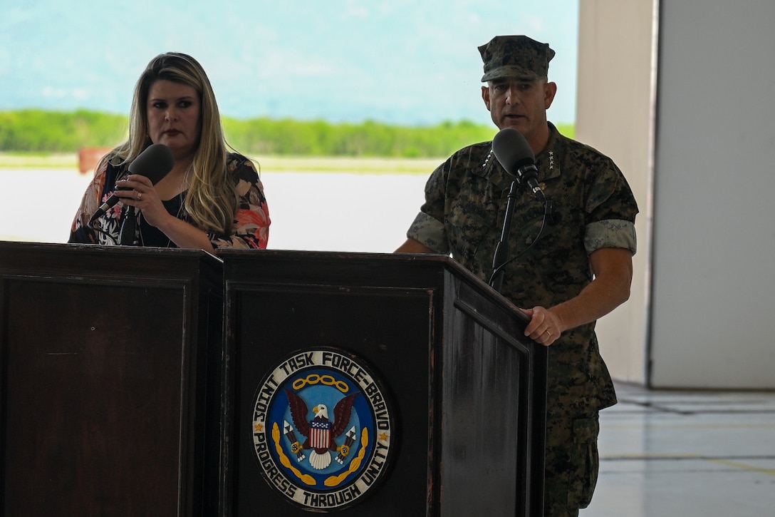 U.S. Marine Gen. Francis Donovan, commander of U.S. Southern Command, speaks at the Joint Task Force-Bravo change of command and responsibility ceremony at Soto Cano Air Base, Honduras, June 18, 2026. Donovan spoke on the importance of JTF-Bravo and commended the outgoing command team on their numerous accomplishments. (U.S. Air Force photo by Staff Sgt. Ethan Sherwood)