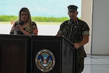 U.S. Marine Gen. Francis Donovan, commander of U.S. Southern Command, speaks at the Joint Task Force-Bravo change of command and responsibility ceremony at Soto Cano Air Base, Honduras, June 18, 2026. Donovan spoke on the importance of JTF-Bravo and commended the outgoing command team on their numerous accomplishments. (U.S. Air Force photo by Staff Sgt. Ethan Sherwood)