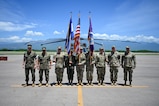The U.S. Southern Command leadership team and Joint Task Force-Bravo command team take a photo with the joint color guard during the JTF-Bravo change of command and responsibility ceremony at Soto Cano Air Base, Honduras, June 18, 2026. Col. David Webb and Command Sgt. Maj. Thomas West will lead JTF-Bravo for the next year’s operations and missions. (U.S. Air Force photo by Staff Sgt. Ethan Sherwood)