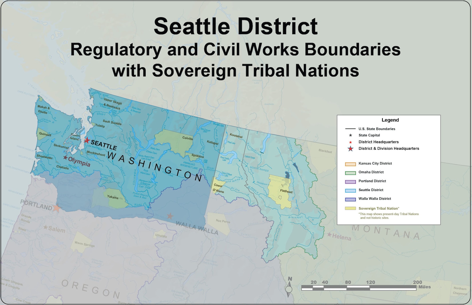 A map of the Seattle District in light blue showing the boundaries of the Regulatory and Civil Works programs with Sovereign Tribal Lands noted in yellow.