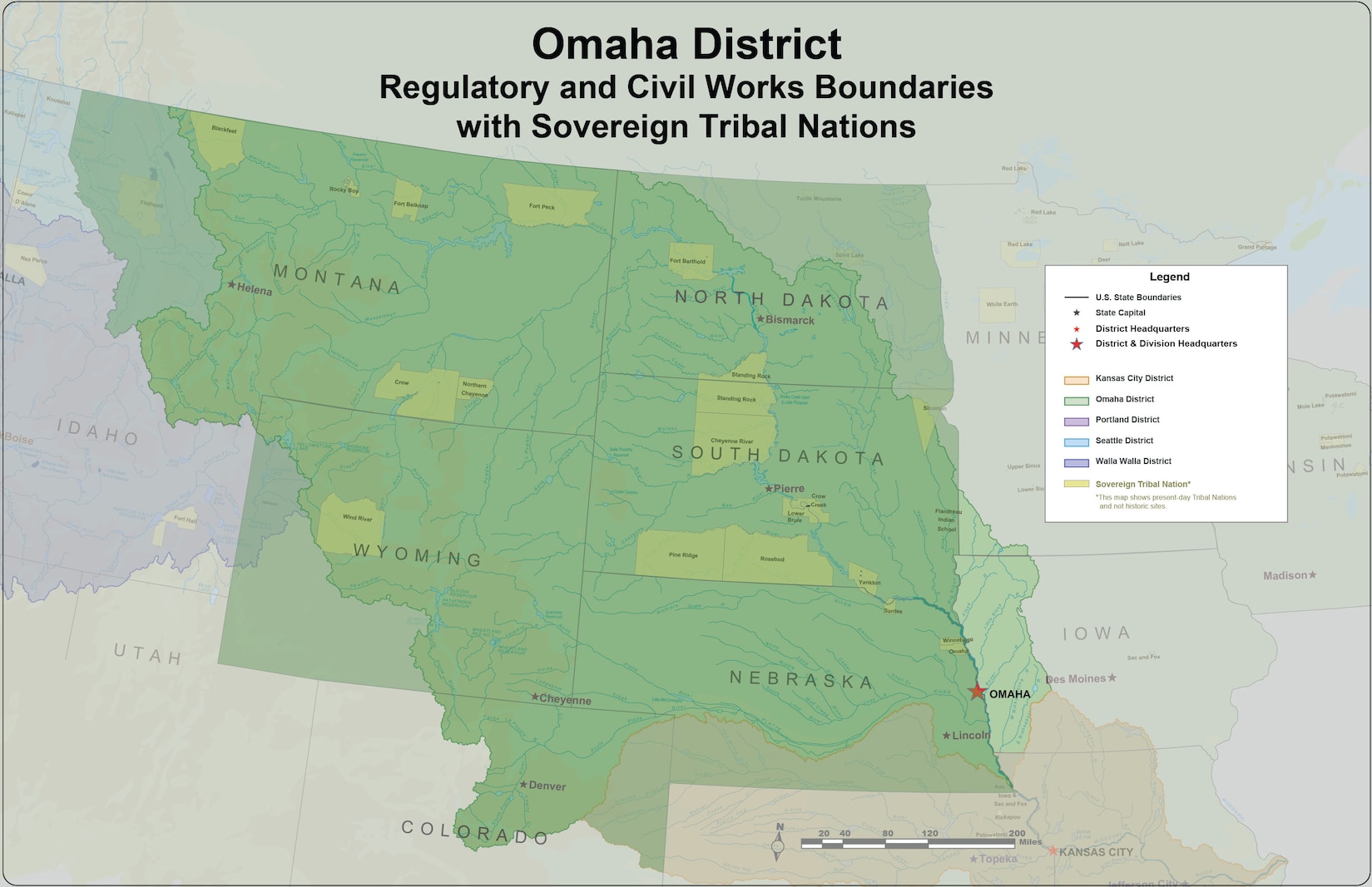 A map of the Omaha District in green showing the boundaries of the Regulatory and Civil Works programs with Sovereign Tribal Lands noted in yellow.
