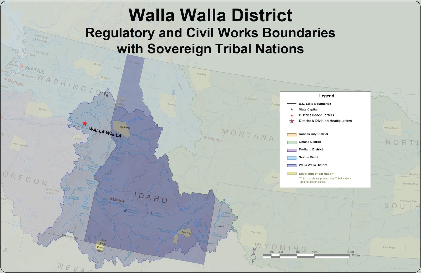 A map of the Walla Walla District in dark blue showing the boundaries of the Regulatory and Civil Works programs with Sovereign Tribal Lands noted in yellow.