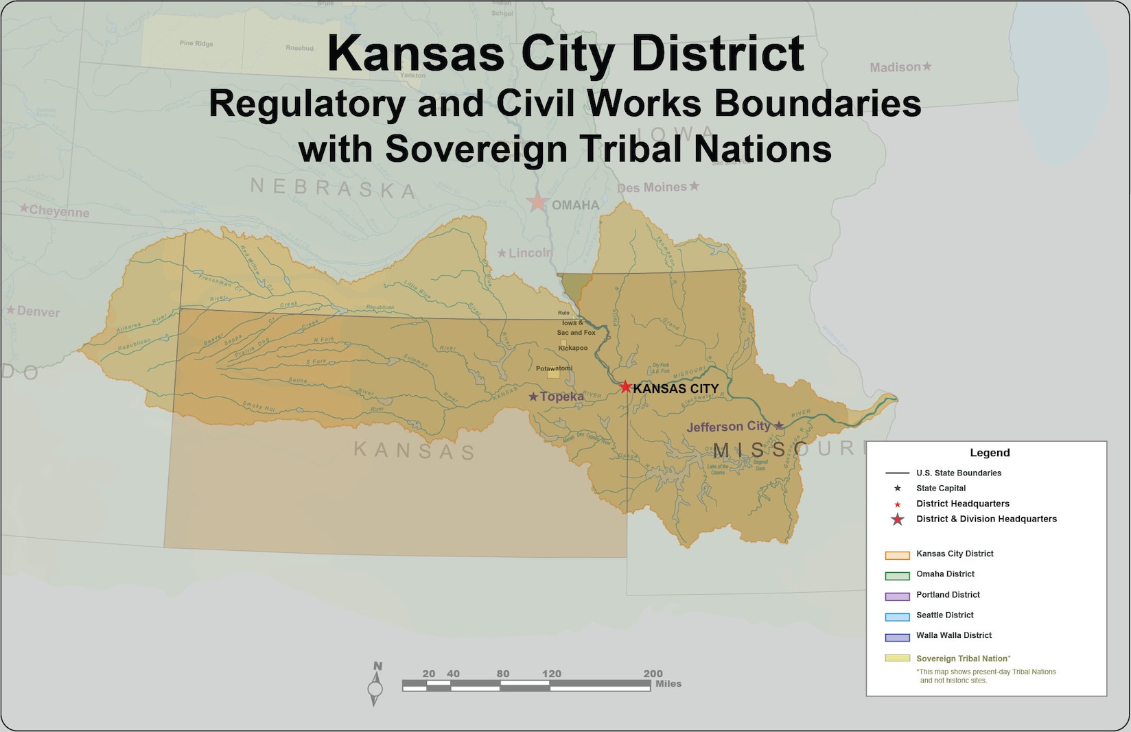 A map of the Kansas City District in orange showing the boundaries of the Regulatory and Civil Works programs with Sovereign Tribal Lands noted in yellow.