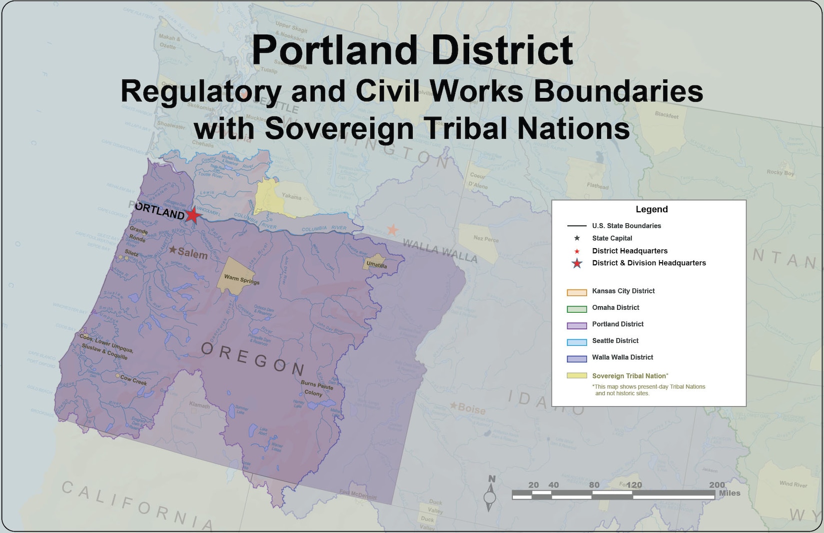 A map of the Portland district in purple showing the boundaries of the Regulatory and Civil Works programs with Sovereign Tribal Lands noted in yellow.