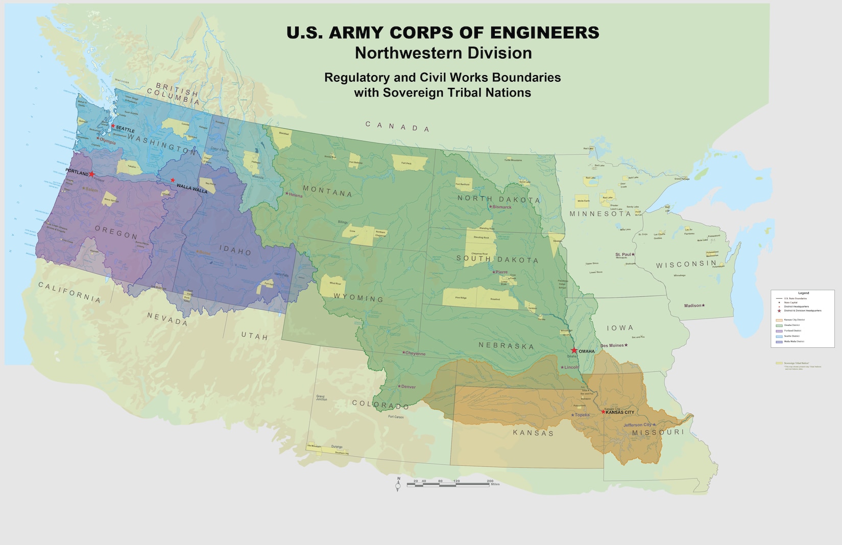 Map of the Northwestern Division including the northwestern United States from Minnesota west to Washinton state and south to Oregon and Missouri. The Seattle, Portland, Walla Walla, Omaha, and Kansas CIty Districts boundaries are shaded and the Regulatory program boundaries are lighter in color than the Civil Works Boundaries. Seattle is light blue, Portland is purple, Walla Walla is dark blue, Omaha is green, and Kansas City is orange. Tribal lands are marked in yellow. Minnesota, Wisconsin and Iowa are also part of the Northwestern Division's military program boundaries.