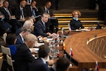 Secretary of War Pete Hegseth delivers remarks before a North Atlantic Council meeting at NATO headquarters in Brussels, June 18, 2026.