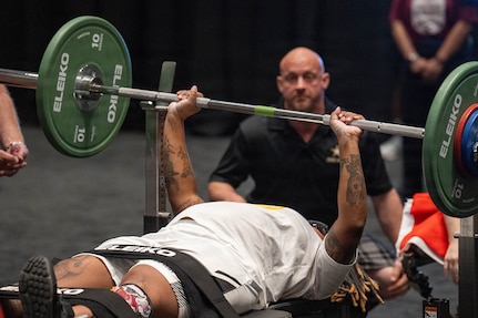 Retired U.S. Army Sgt. 1st Class Valerie Watkins participates in  the powerlifting event at the 2026 Warrior Games at the Henry B. González Convention Center in San Antonio, Texas, June 13, 2026.