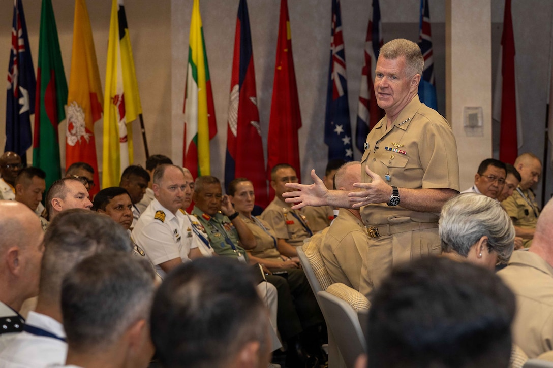 U.S. Navy Adm. Samuel Paparo, the commander of U.S. Indo-Pacific Command, delivers the keynote speech during the Pacific Amphibious Leaders Symposium 2026 in Honolulu, Hawaii, June 16, 2026. Bringing together experts and leaders from across the Indo-Pacific, PALS fosters collaboration among allied and partner amphibious and maritime forces to share knowledge and recent operational insights. This year was the 12th iteration of the symposium and hosted senior leaders from 25 participating nations who are committed to a free and open Indo-Pacific, with the objective of strengthening and developing regional relationships. (U.S. Marine Corps photo by Lance Cpl. Mayte Ramirez Lopez)