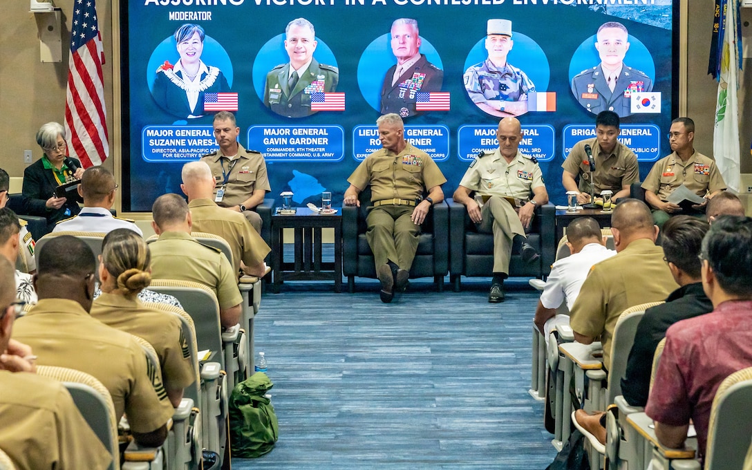 Senior leaders from across the Indo-Pacific participate in the All-Domain Operations Run on Logistics Panel at the Pacific Amphibious Leaders Symposium 2026 in Honolulu, Hawaii, June 17, 2026. Bringing together experts and leaders from across the Indo-Pacific, PALS fosters collaboration among allied and partner amphibious and maritime forces to share knowledge and recent operational insights. This year was the 12th iteration of the symposium and hosted senior leaders from 25 participating nations who are committed to a free and open Indo-Pacific, with the objective of strengthening and developing regional relationships. (U.S. Marine Corps photo by Lance Cpl. Moses S. Lopez Franco)