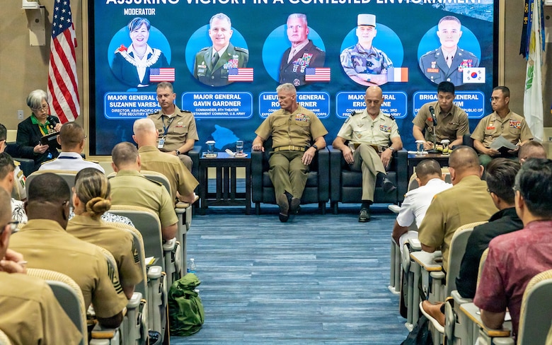 Senior leaders from across the Indo-Pacific participate in the All-Domain Operations Run on Logistics Panel at the Pacific Amphibious Leaders Symposium 2026 in Honolulu, Hawaii, June 17, 2026. Bringing together experts and leaders from across the Indo-Pacific, PALS fosters collaboration among allied and partner amphibious and maritime forces to share knowledge and recent operational insights. This year was the 12th iteration of the symposium and hosted senior leaders from 25 participating nations who are committed to a free and open Indo-Pacific, with the objective of strengthening and developing regional relationships. (U.S. Marine Corps photo by Lance Cpl. Moses S. Lopez Franco)