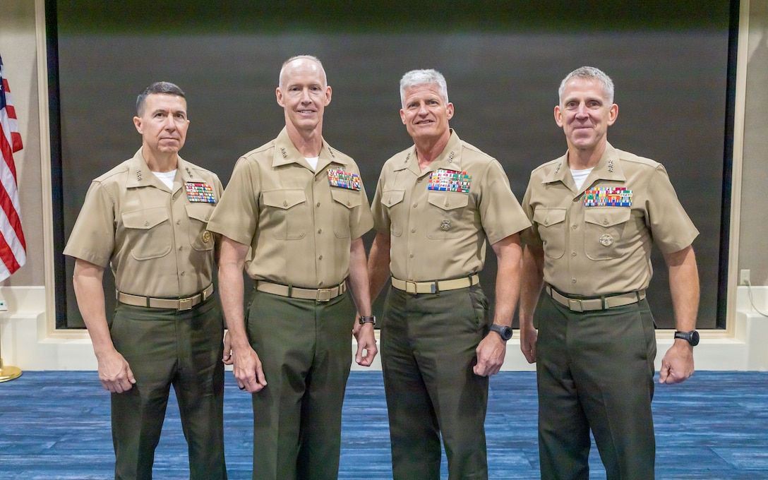 From left to right, U.S. Marine Corps Lt. Gen. Benjamin T. Watson, the commanding general of Training and Education Command, Lt. Gen. James F. Glynn, the commander of U.S. Marine Corps Forces, Pacific, Lt. Gen. Roger B. Turner, the commanding general of III Marine Expeditionary Force, and Lt. Gen. Christian F. Wortman, the commanding general of I Marine Expeditionary Force, pose for a group photo following the final presentation at the Pacific Amphibious Leaders Symposium 2026 in Honolulu, Hawaii, June 18, 2026. Bringing together experts and leaders from across the Indo-Pacific, PALS fosters collaboration among allied and partner amphibious and maritime forces to share knowledge and recent operational insights. This year was the 12th iteration of the symposium and hosted senior leaders from 25 participating nations who are committed to a free and open Indo-Pacific, with the objective of strengthening and developing regional relationships. (U.S. Marine Corps photo by Lance Cpl. Moses S. Lopez Franco)